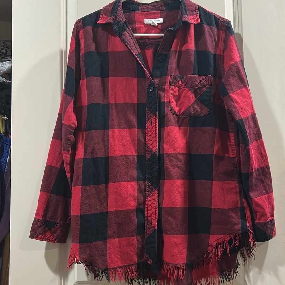 Beachlunchlounge women’s button down plaid shirt frayed hem long sleeves size S